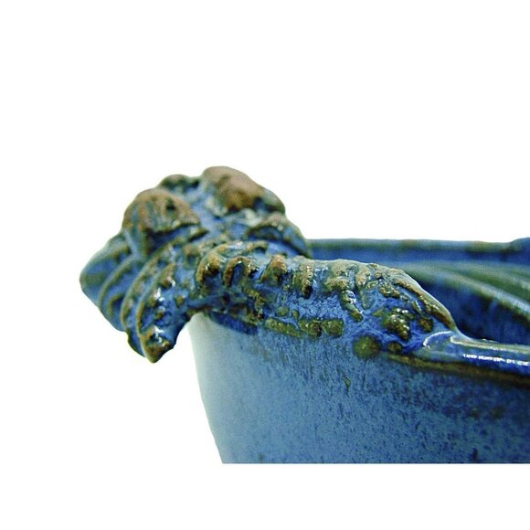 Handmade Blue Round Shaped Pottery Ashtray Trinket Dish Decorated With Frogs - Picture 6 of 11